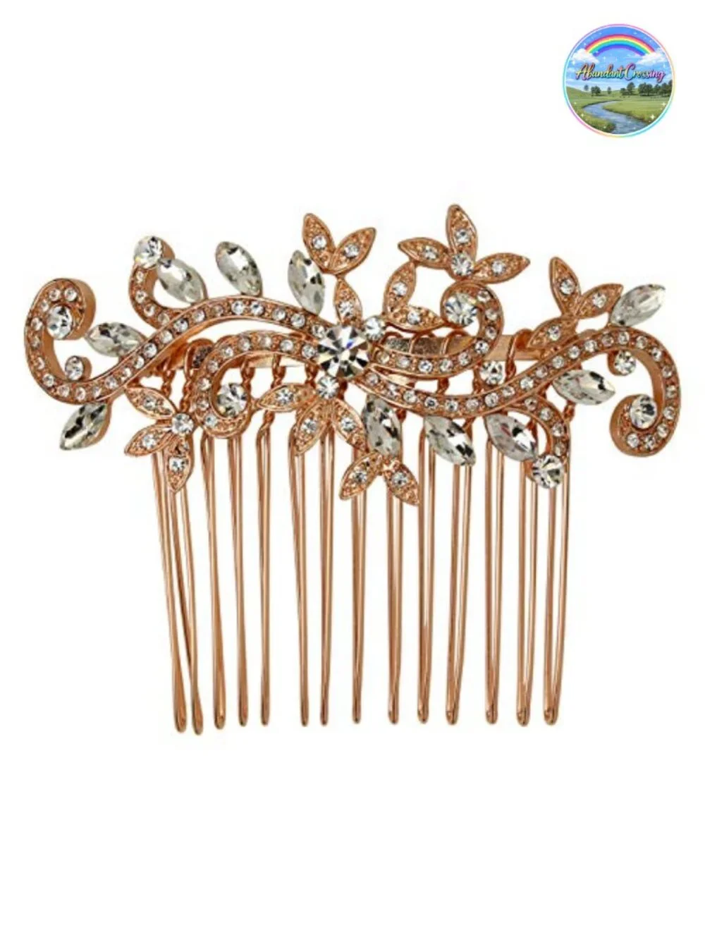 Clear Rhinestone Crystal Floral Hair Comb, Rose Gold Plated